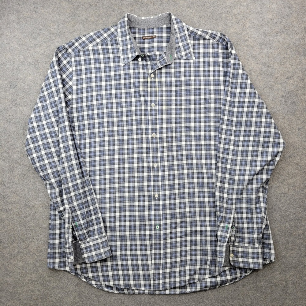 J. McLaughlin Mens XXL Blue White Plaid Button Down Cotton Shirt Long Sleeve‎